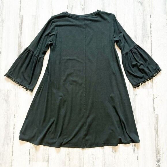 Johnny Was Calme Flute Sleeve with Pom Pom Trim Swing Dress Olive Green XS - Picture 4 of 5